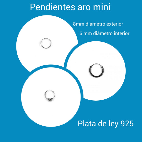 3 modelo de mini pendientes arito plata, 8mm diametro exterio y 6mm interior, para hombre y mujer